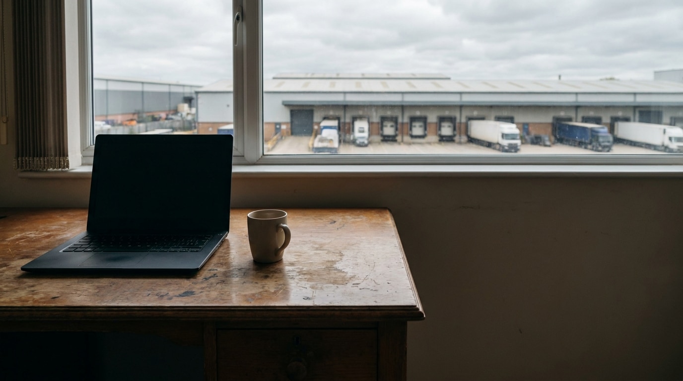 Laptop and coffee mug on wooden desk by window overlooking trucks at warehouse loading dock