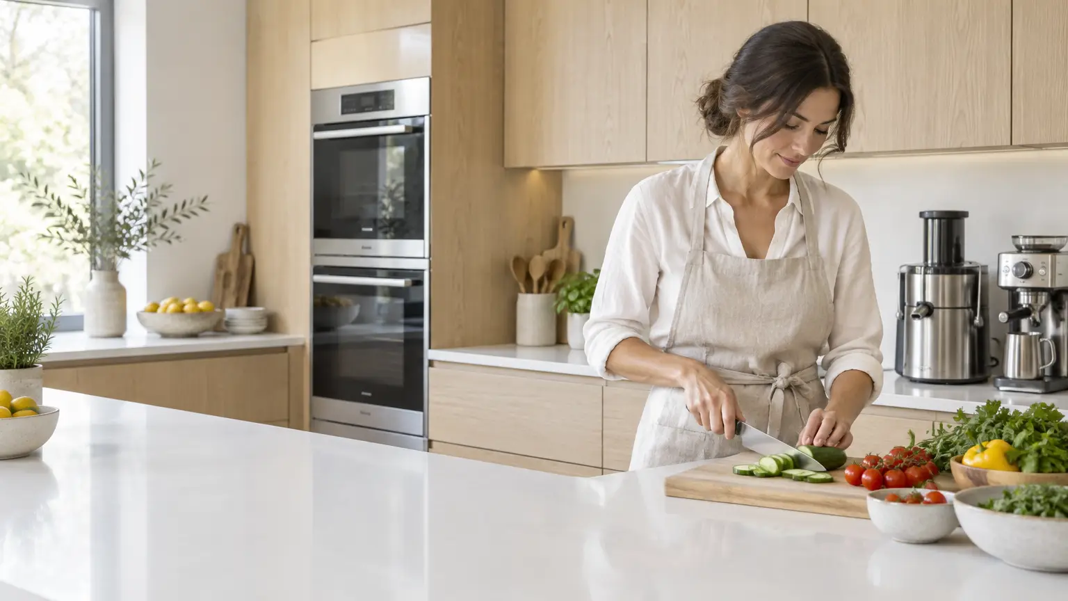 Woman slicing cucumbers on wooden board in modern kitchen with light wood cabinets