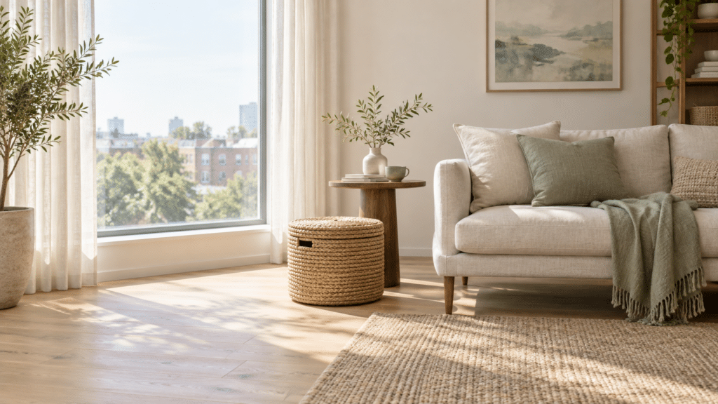 Cozy living room with beige sofa, woven ottoman, and wooden side table in natural light