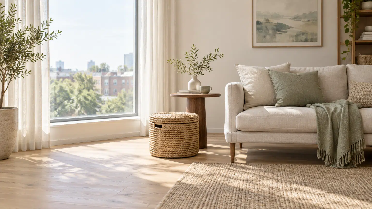 Cozy living room with beige sofa, woven ottoman, and wooden side table in natural light