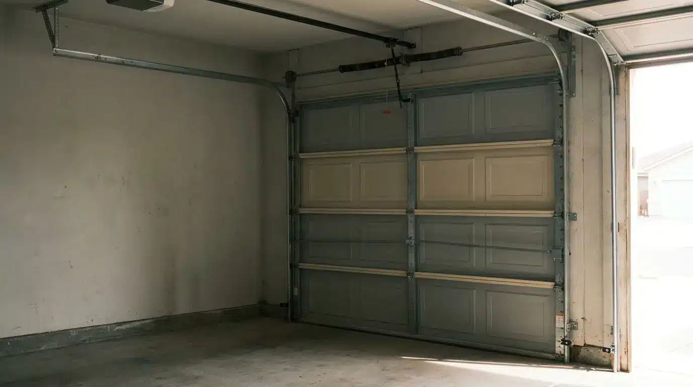 Empty garage with closed sectional door and concrete floor in natural light