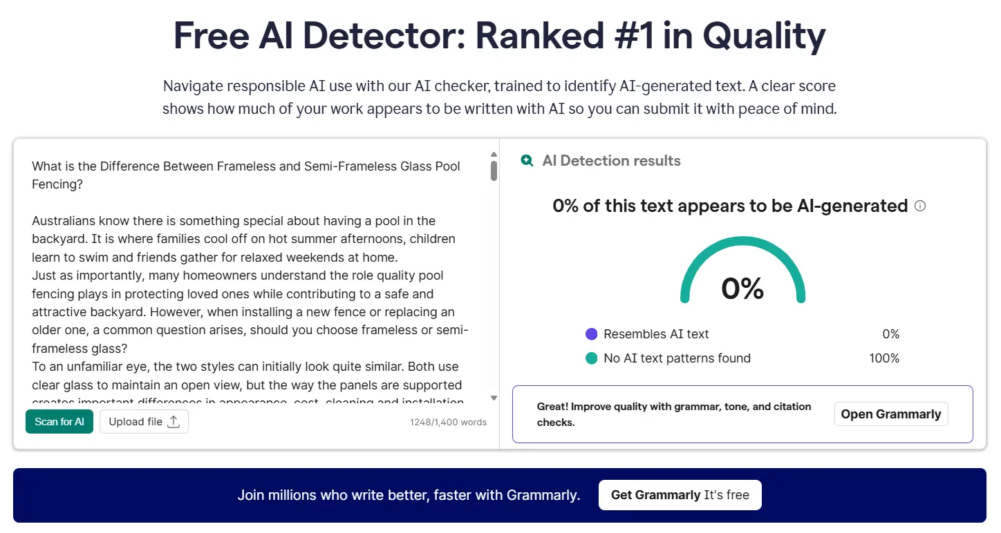 AI detection tool interface with text analysis, results graph, and Grammarly advertisement at the bottom
