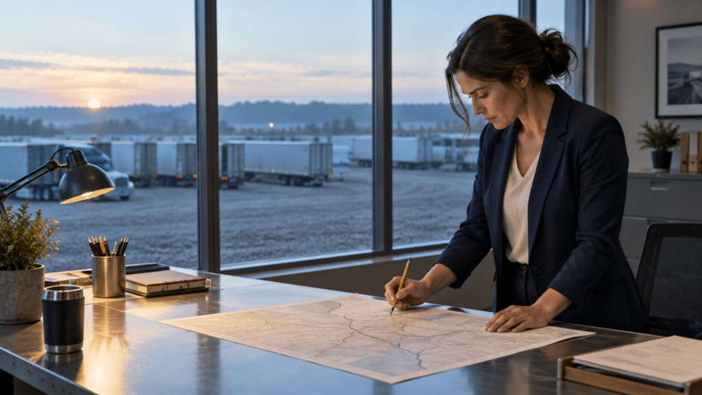 Woman in office studying map on desk at sunset with trucks outside window