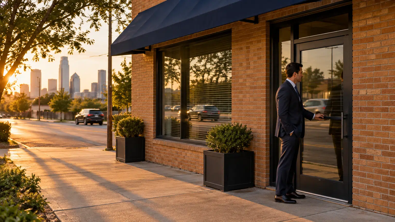 Man in suit opening glass door of brick building at sunset in urban setting