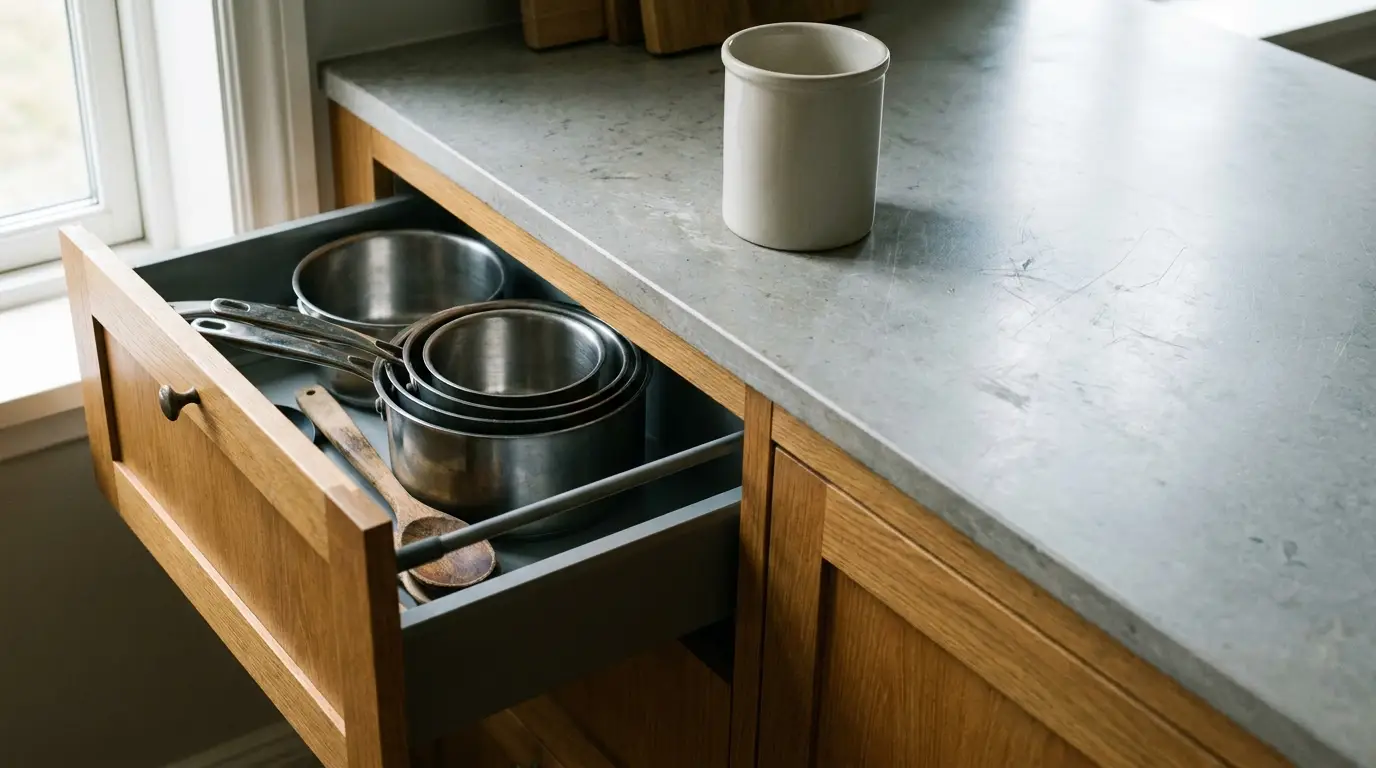 Open drawer with stainless steel cookware in modern kitchen beside stone countertop