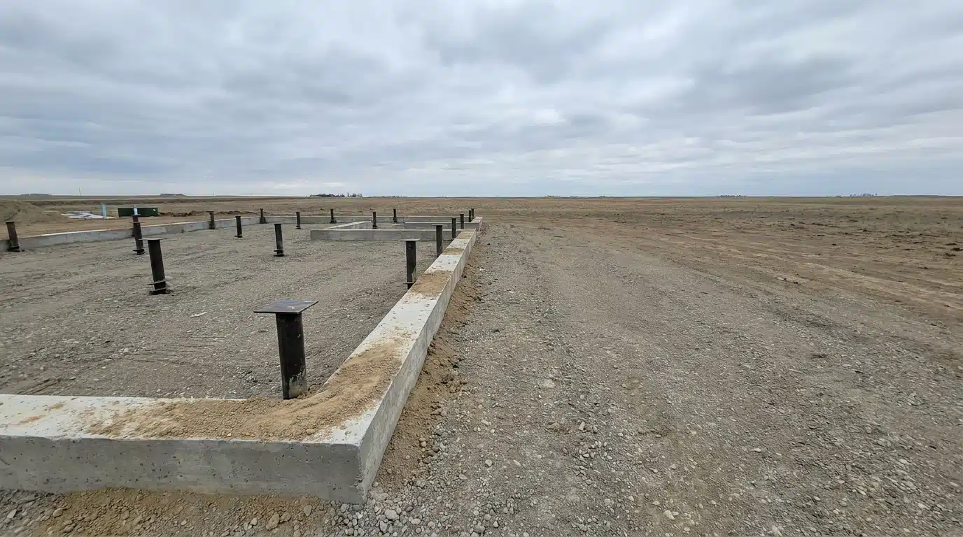 Concrete foundation with metal beams on a cloudy day in an open field