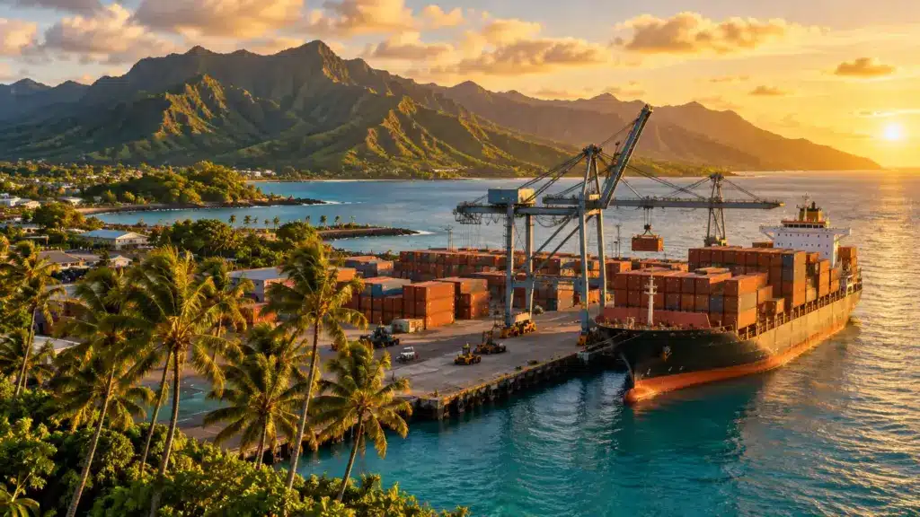 Container ship docked at busy port with cranes and mountain backdrop during sunset