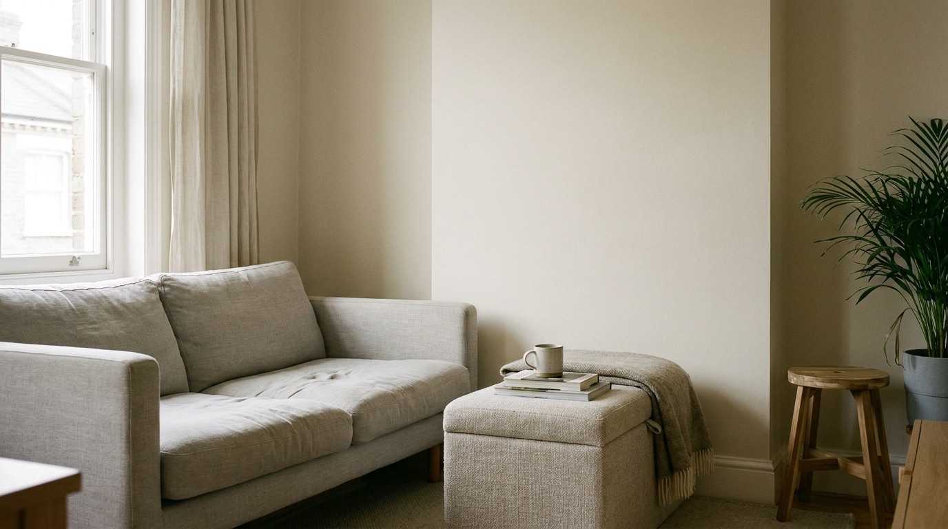 Beige sofa and ottoman with books and mug in cozy living room corner with plant