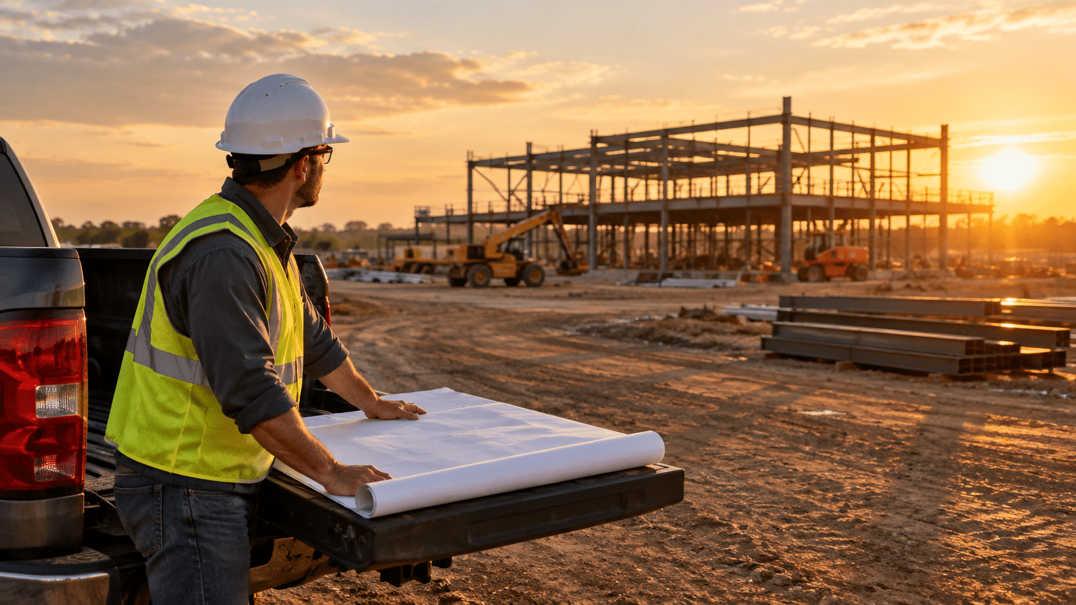 Construction worker with blueprints at a building site during sunset, overlooking steel framework
