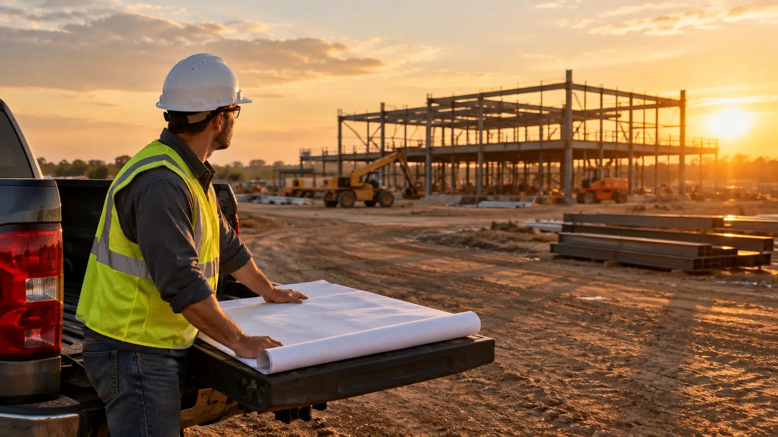 Construction worker with blueprints at a building site during sunset, overlooking steel framework