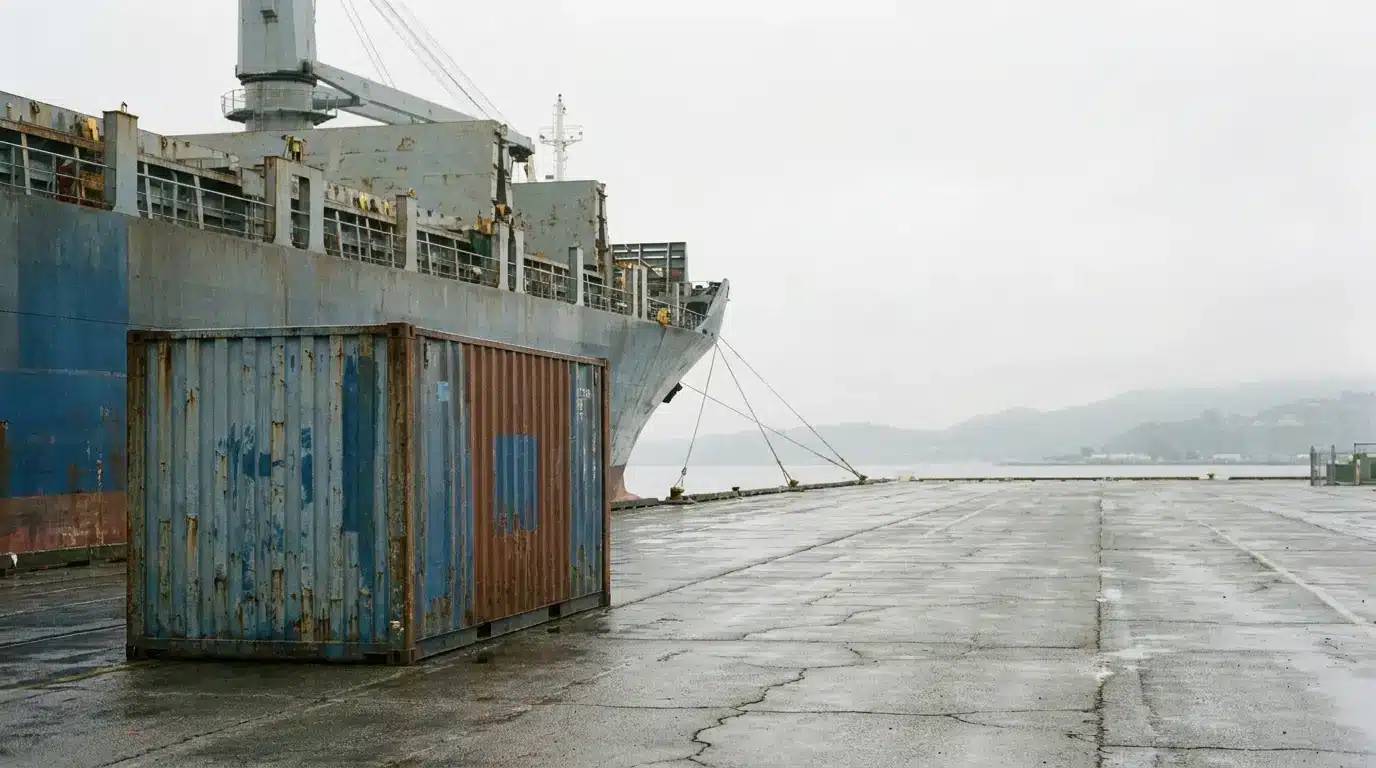 Rusted shipping container on wet dock beside large cargo ship under overcast sky