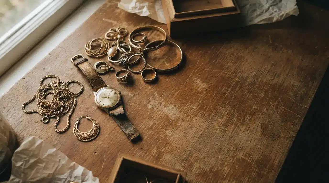 Broken gold chain, single earring and stopped wristwatch sorted on a worn wooden table before moving
