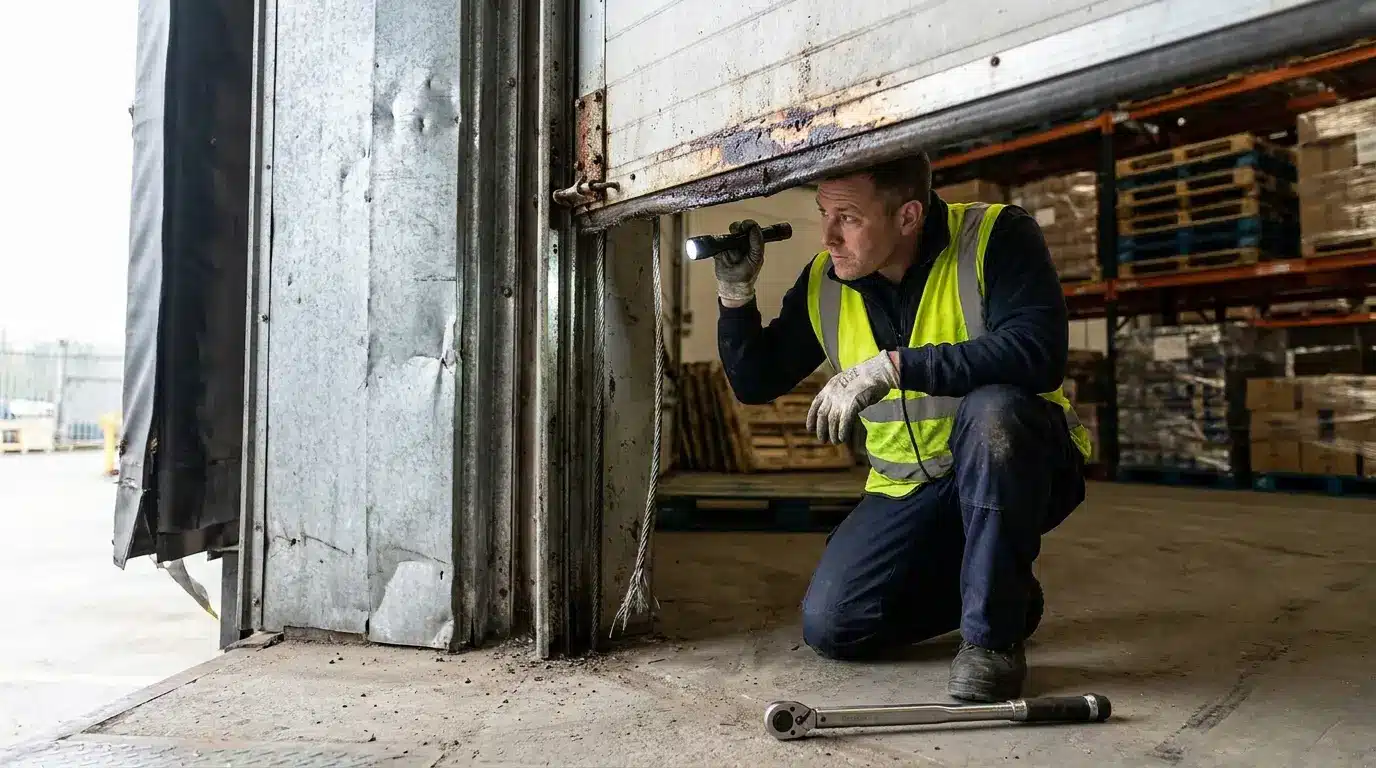 Worker inspecting warehouse door with flashlight and wrench, wearing reflective vest, in industrial setting
