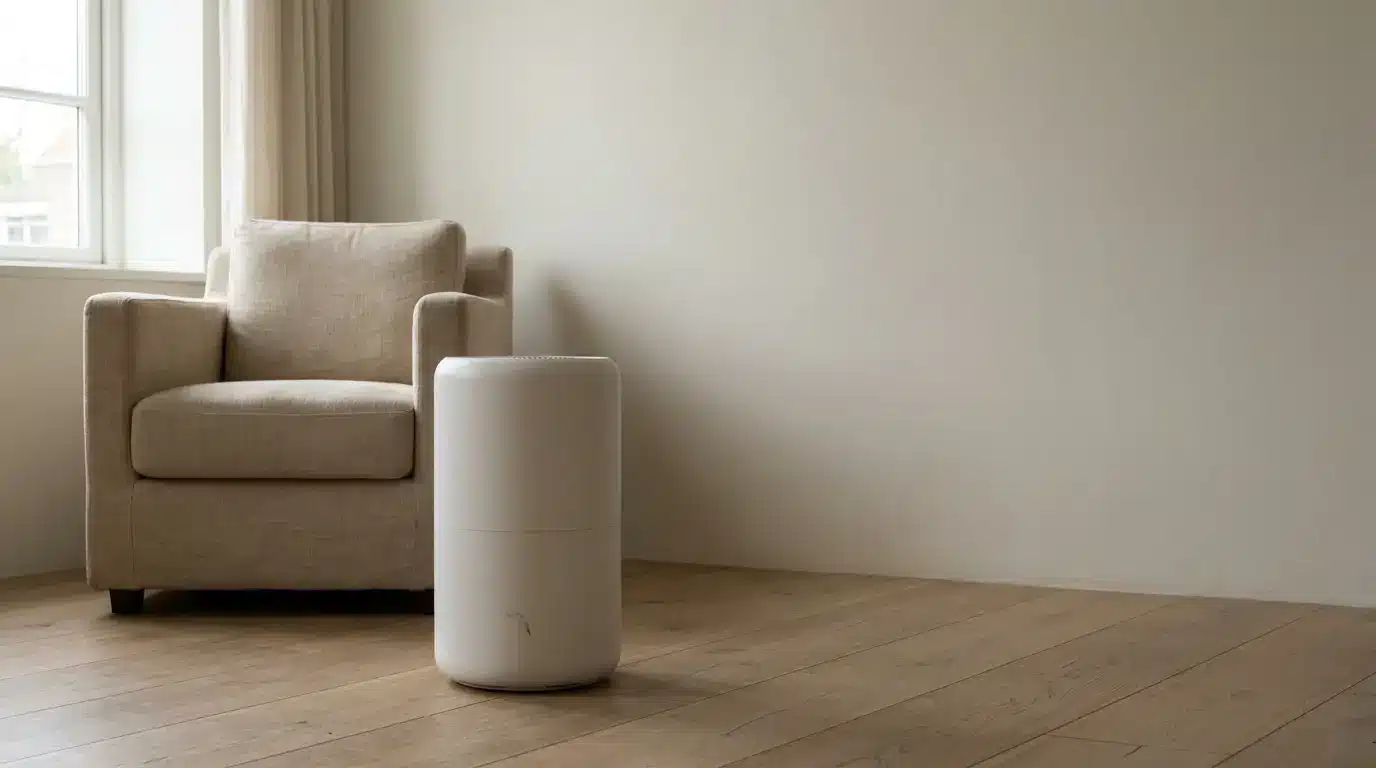 Modern air purifier beside beige armchair in minimalist living room with wooden flooring
