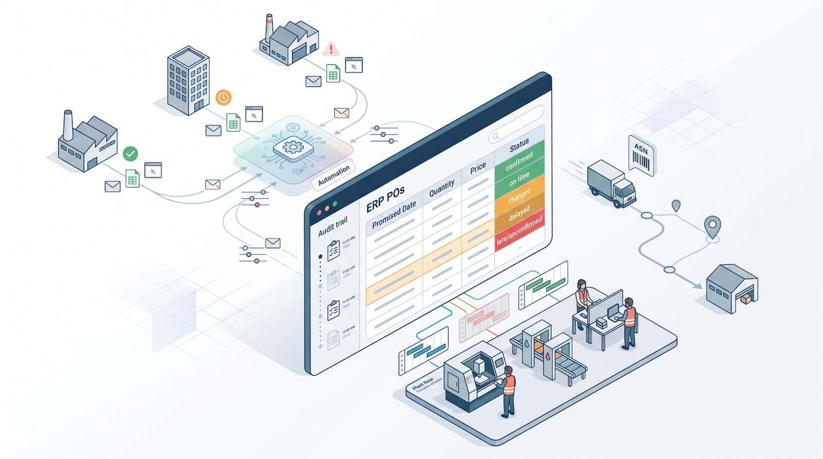 ERP dashboard illustration with factories, trucks, and workers in a supply chain network