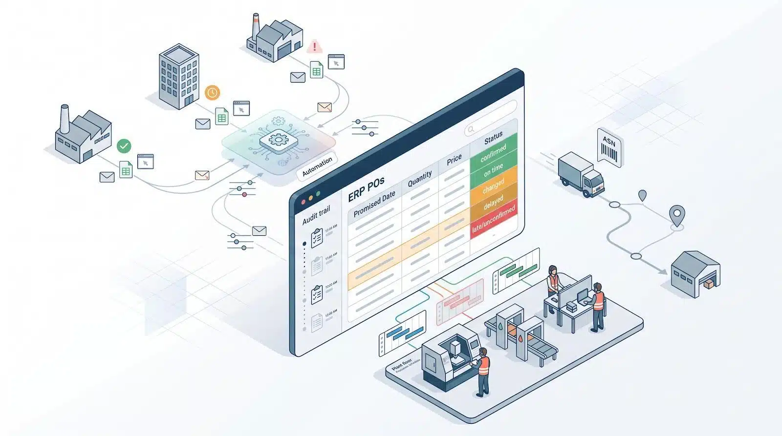 ERP dashboard illustration with factories, trucks, and workers in a supply chain network
