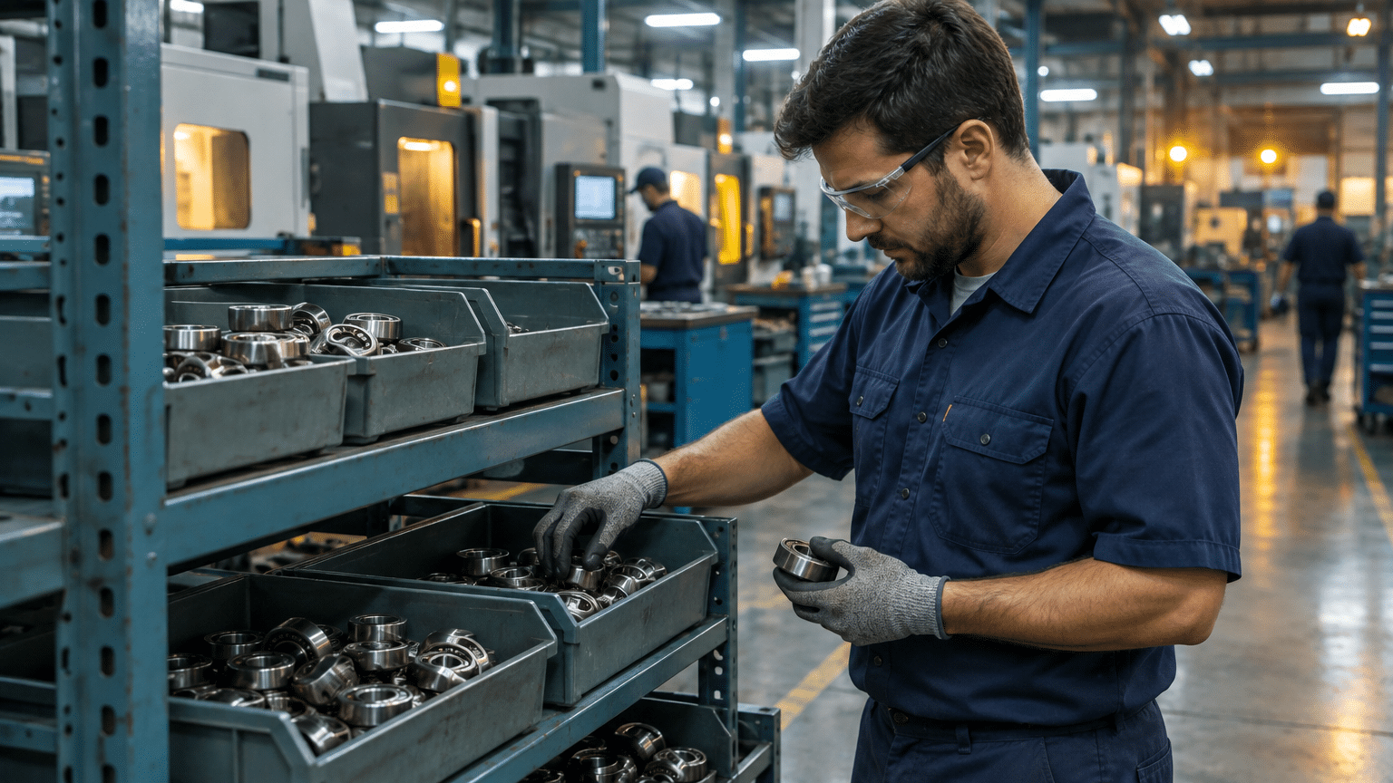 Factory worker inspecting metal components on a shelf in an industrial setting