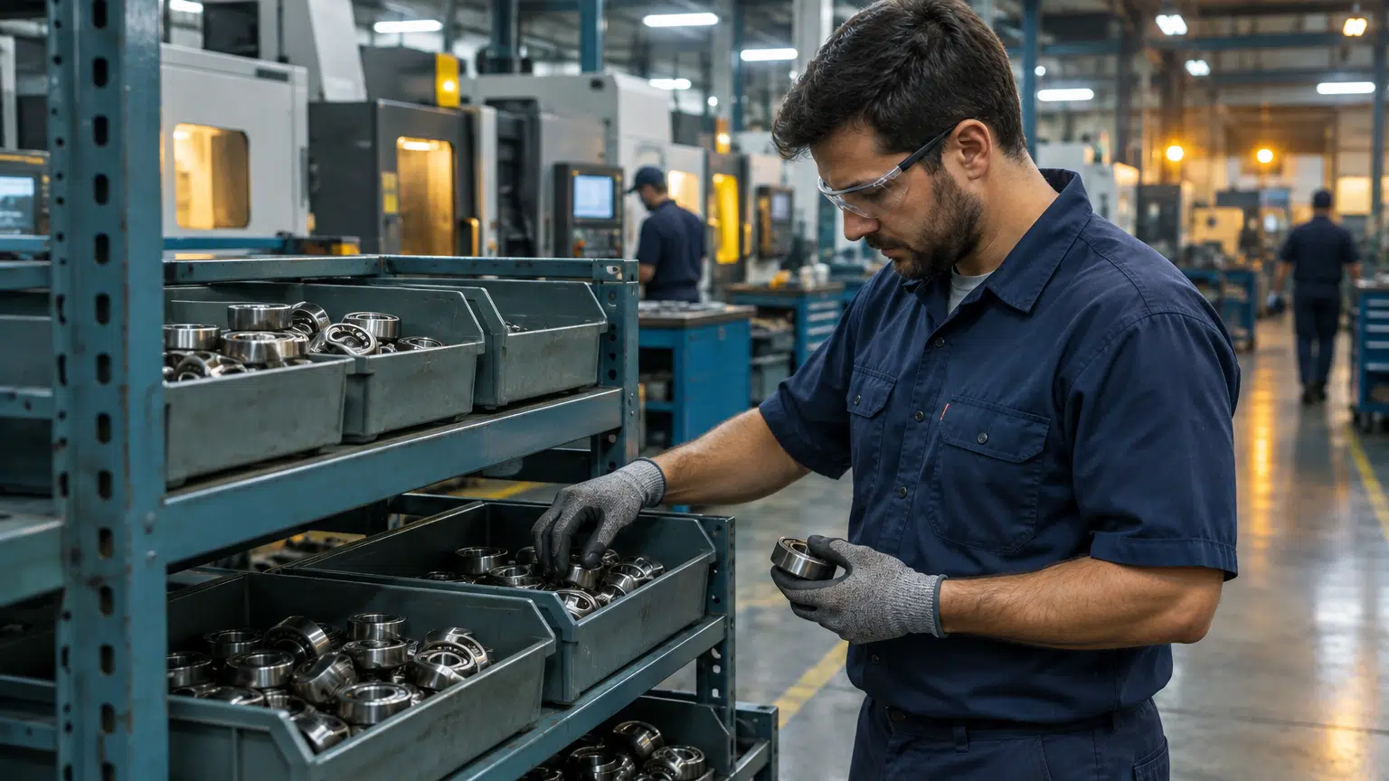 Factory worker inspecting metal components on a shelf in an industrial setting