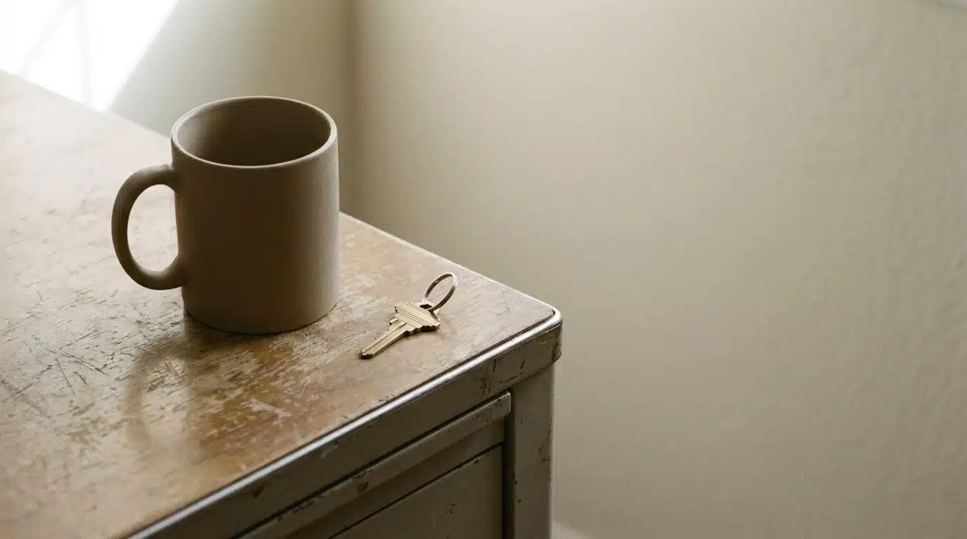Mug and brass key on distressed wooden table in soft natural light