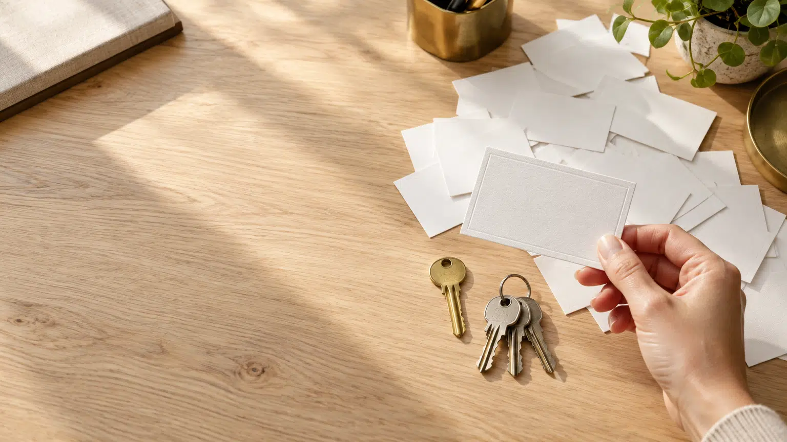 Hand holding blank business card over wooden desk with scattered cards, keys, and potted plant