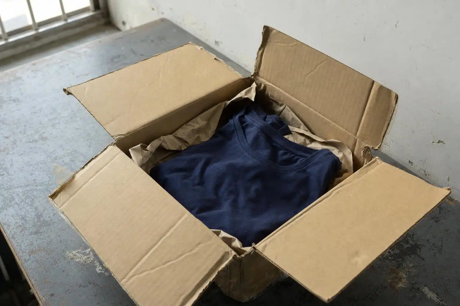Open cardboard box with folded navy shirt on scratched metal surface
