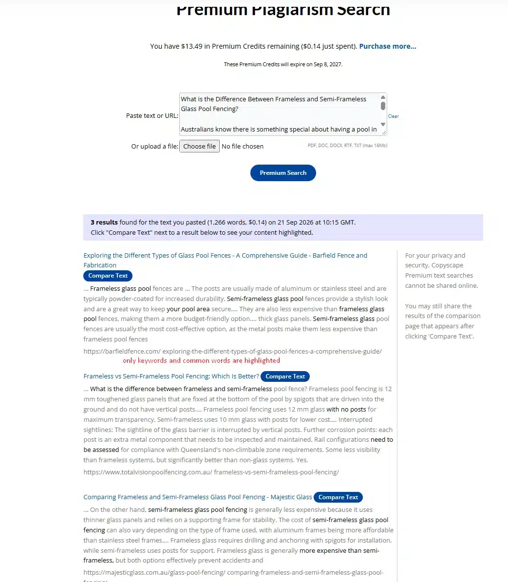 Online plagiarism checker interface with text input box and highlighted comparison results
