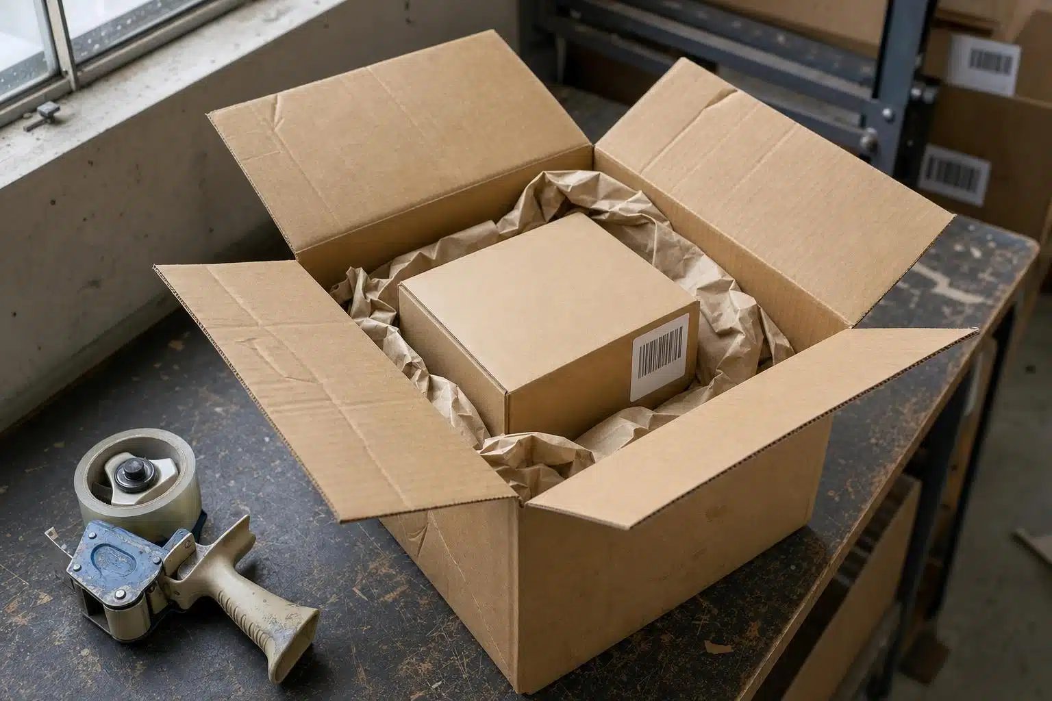 Open cardboard box on wooden surface with smaller box inside, packing paper, and tape dispenser nearby
