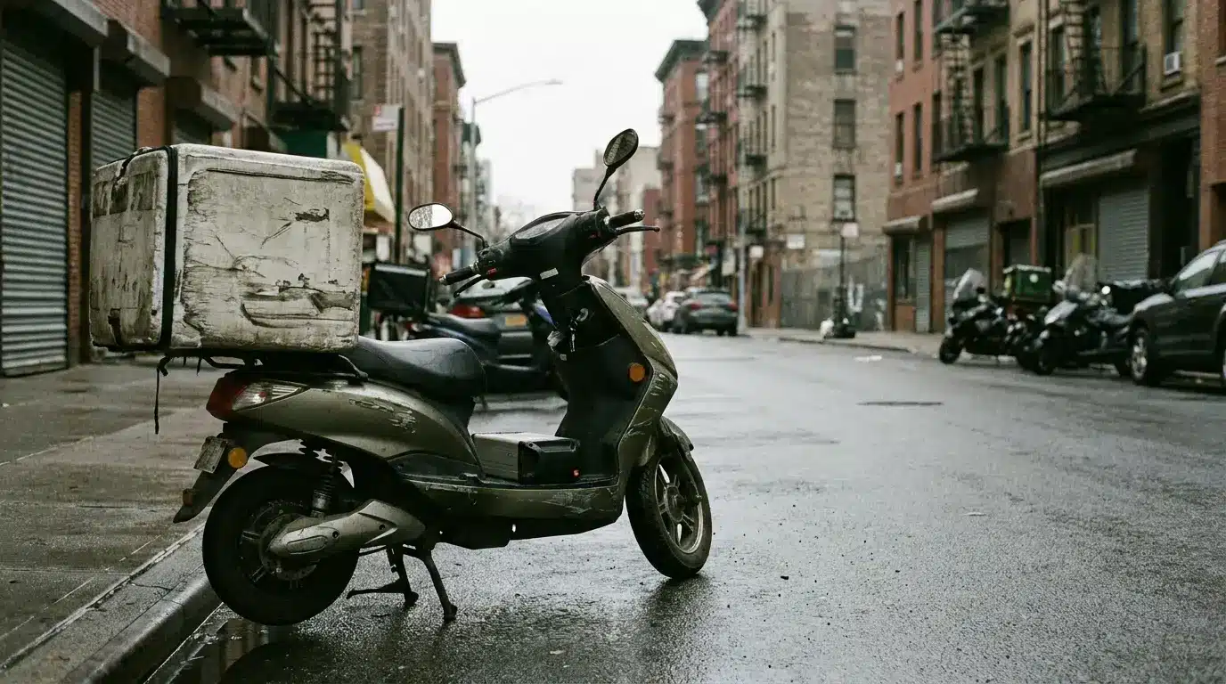 Delivery scooter parked on urban street with wet pavement and brick buildings